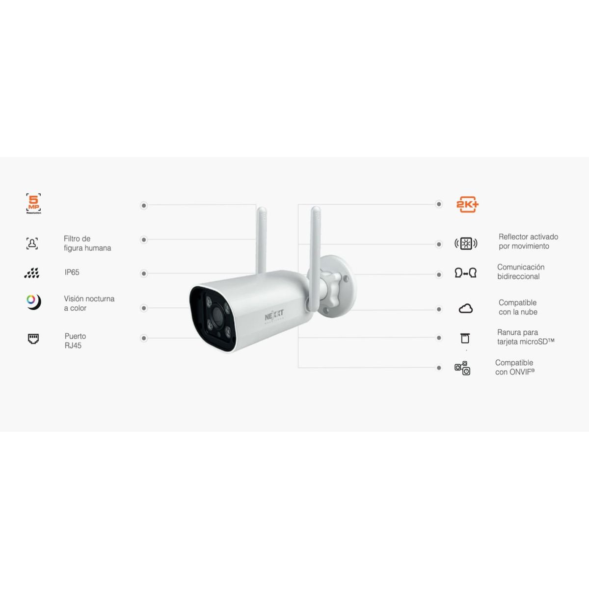 NEXXT SOLUTIONS - Cámara Inalámbrica Nexxt NHC-OF10 5MP 2k+ Exterior Sirena Vision noche IP65 RJ45