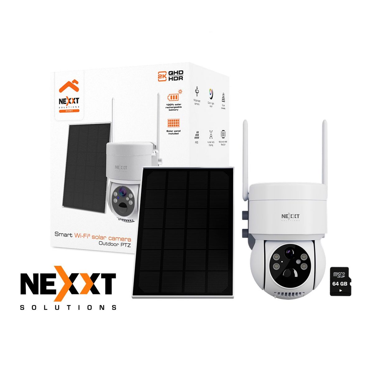 NEXXT SOLUTIONS - Cámara Inalámbrica PTZ Nexxt NHC-OP20S 3MP 2K Panel Solar Sirena IP65 + SD 64GB