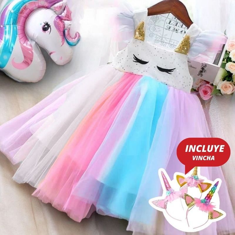 GENERICO - VESTIDO DE NIÑA TEMATICA DE   UNICORNIO - INCLUYE VINCHA
