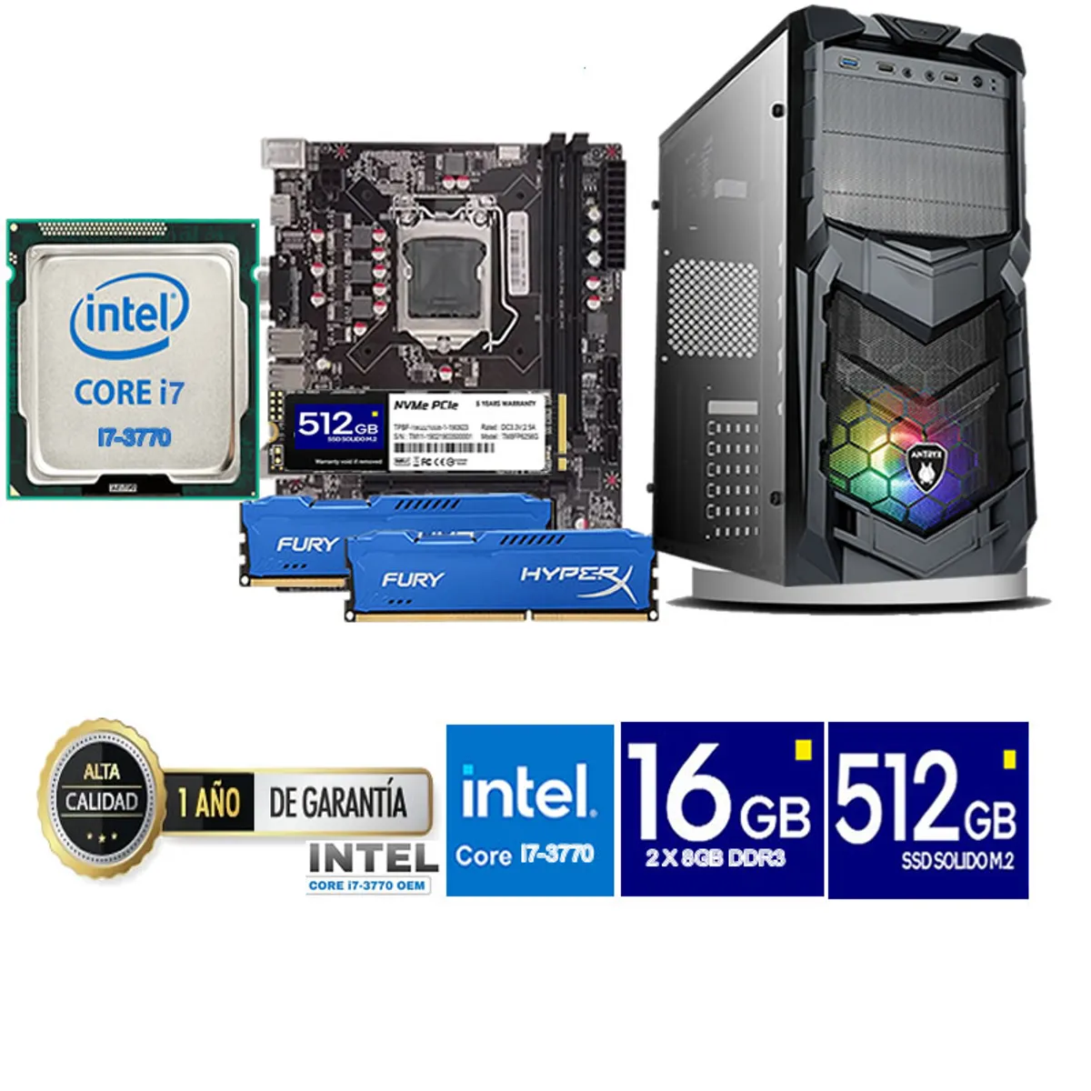 ANTRYX - Computadora Pc Intel Core i7 3770  Monitor 24 fhd' RAM 16 GB SSD 500 GB