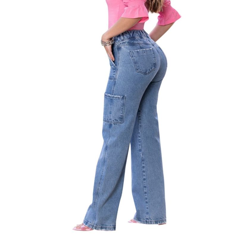T&T - Jeans Bellota Palazzo TYT  Bota Ancha y Push Up en Azul Medio