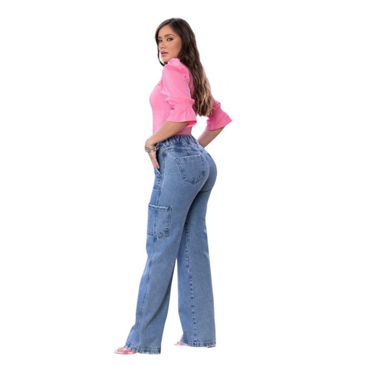 T&T - Jeans Bellota Palazzo TYT  Bota Ancha y Push Up en Azul Medio