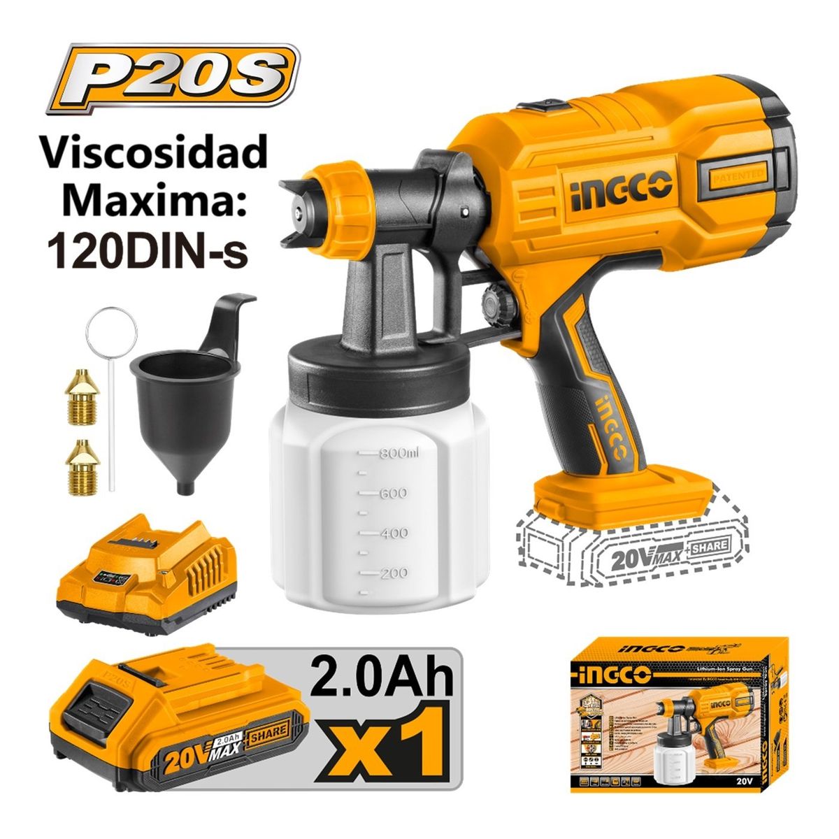 INGCO TOOLS - Pistola para Pintar Inalámbrica 20V 800ML INGCO CSGLI20406