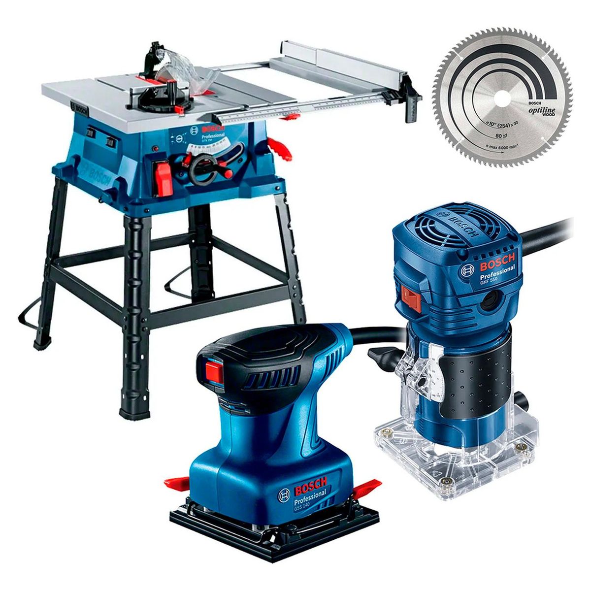 BOSCH - Sierra GTS 254 + Fresadora GKF 550 + Lijadora GSS 140 Bosch