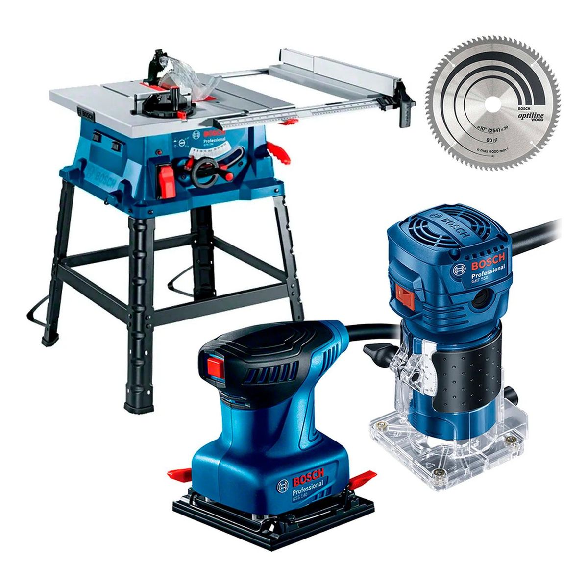 BOSCH - Sierra GTS 254 + Fresadora GKF 550 + Lijadora GSS 140 Bosch