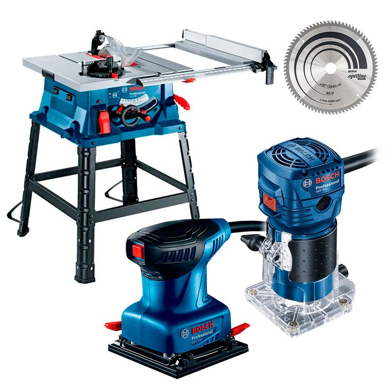 BOSCH - Sierra GTS 254 + Fresadora GKF 550 + Lijadora GSS 140 Bosch