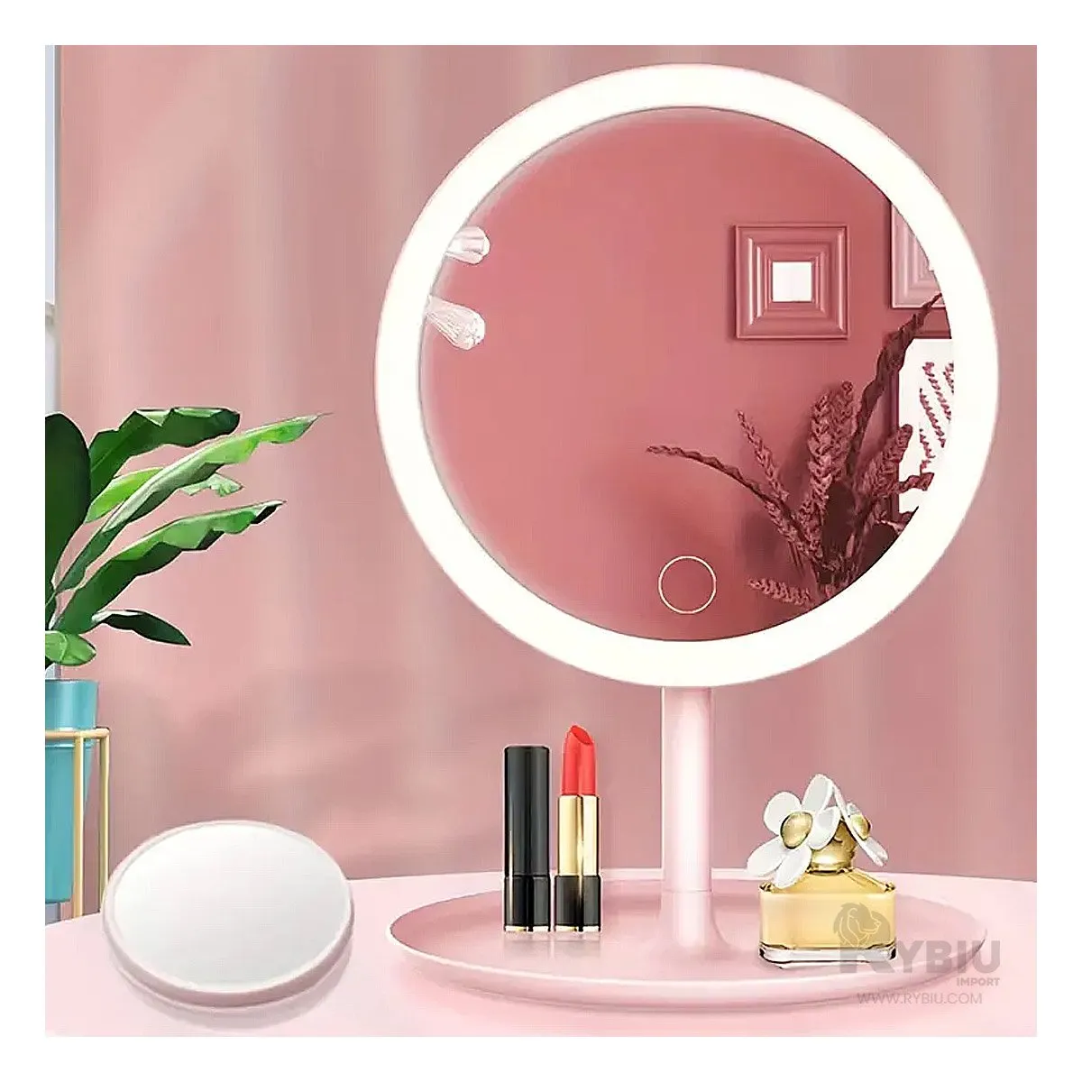 GENERICO - Espejo Led Tactil Circular de Color Rosado