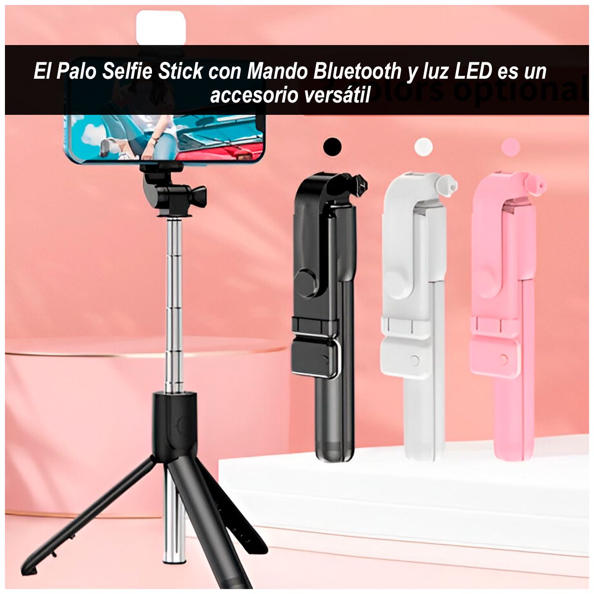 GENERICO - Palo Selfie Stick Con Mando Bluetooth y luz led Blanco