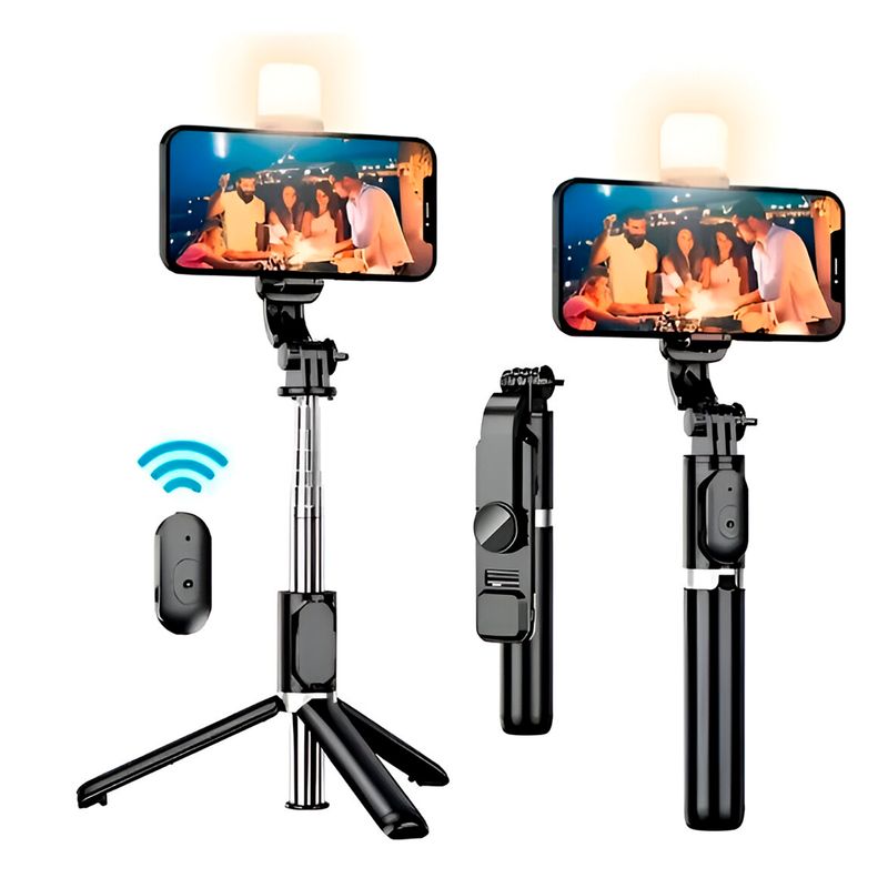 GENERICO - Palo Selfie Stick Con Mando Bluetooth y luz led Negro