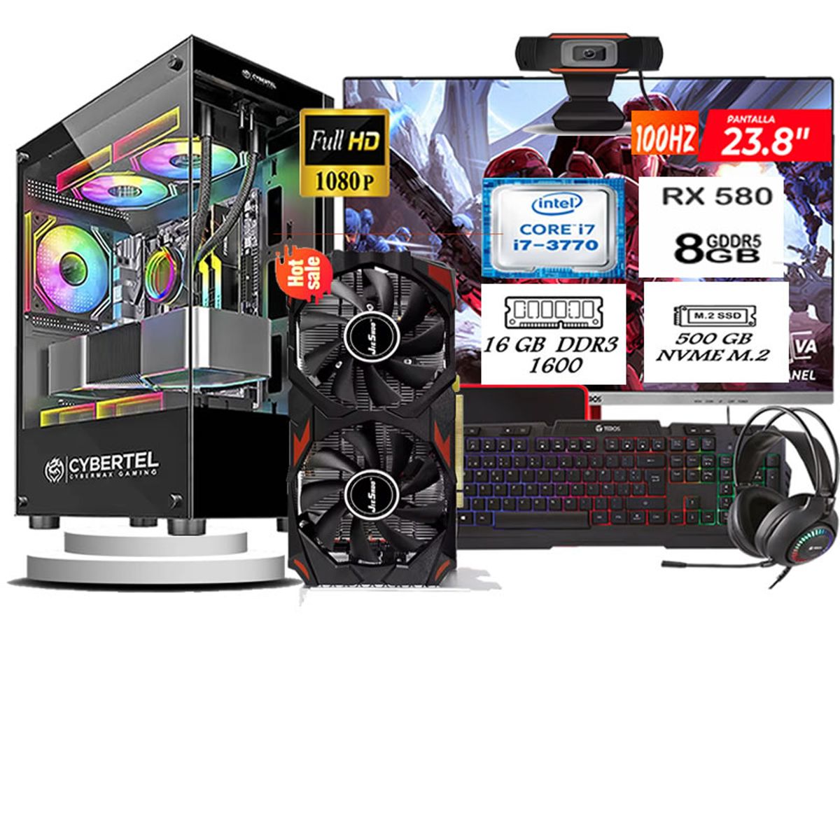 CYBERCOOL - Computadora Pc Intel Core i7 3770  Monitor 24 fhd' RAM 16 GB SSD 500 Tvideo 08