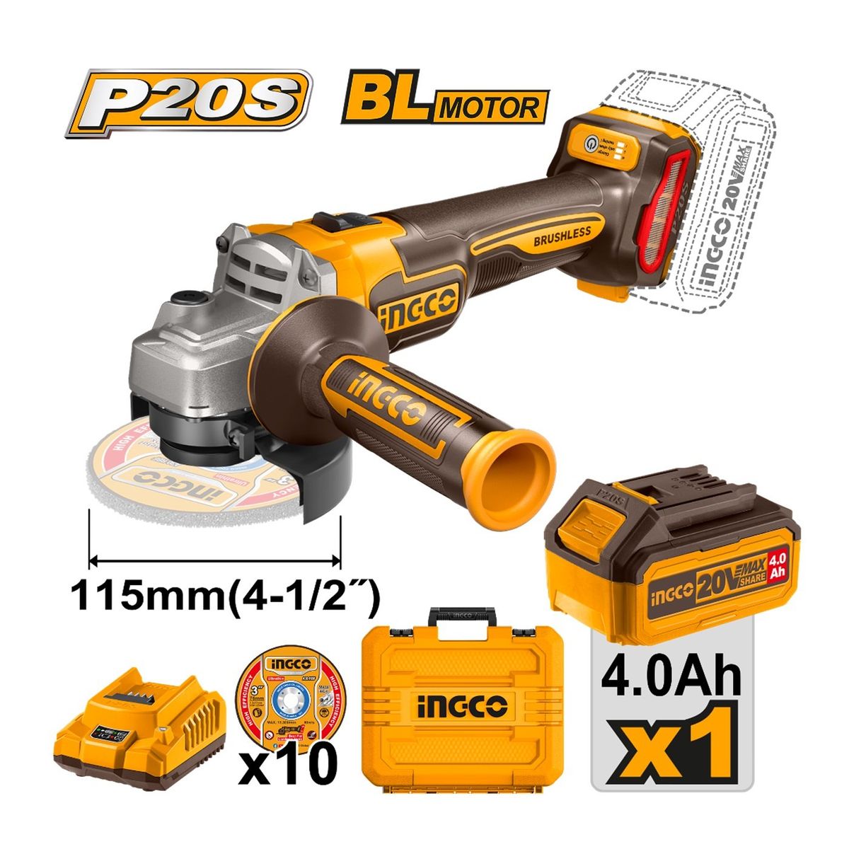 INGCO TOOLS - Amoladora Inalámbrica 4 1/2" BRUSHLESS Velocidad Variable + Accesorios