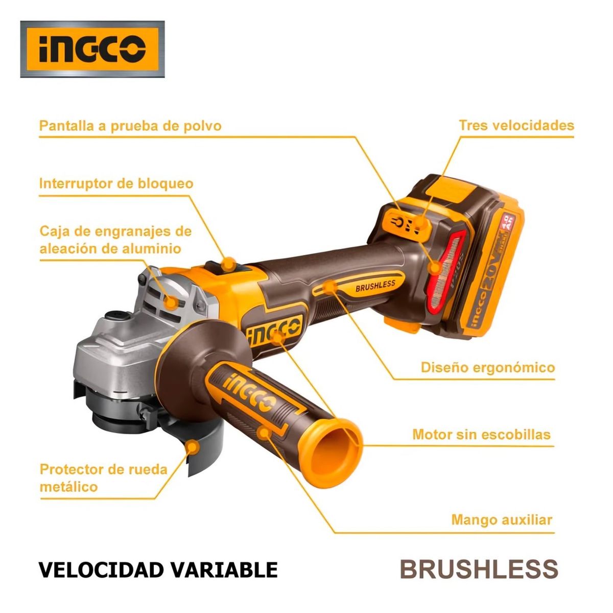 INGCO TOOLS - Amoladora Inalámbrica 4 1/2" BRUSHLESS Velocidad Variable + Accesorios