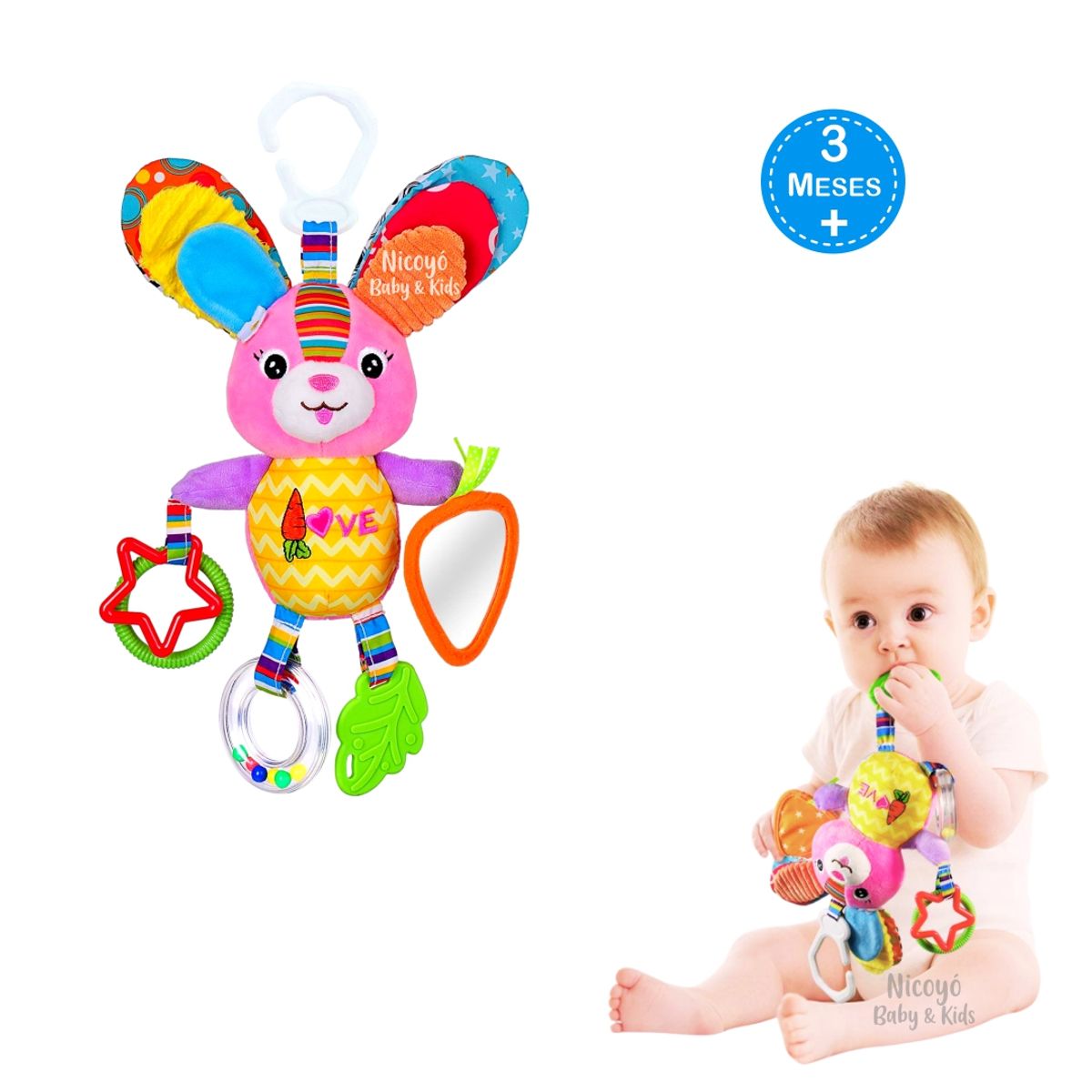 HAPPY BABY - Peluche Sensorial para Bebés CONEJITA con Sonajero y Texturas