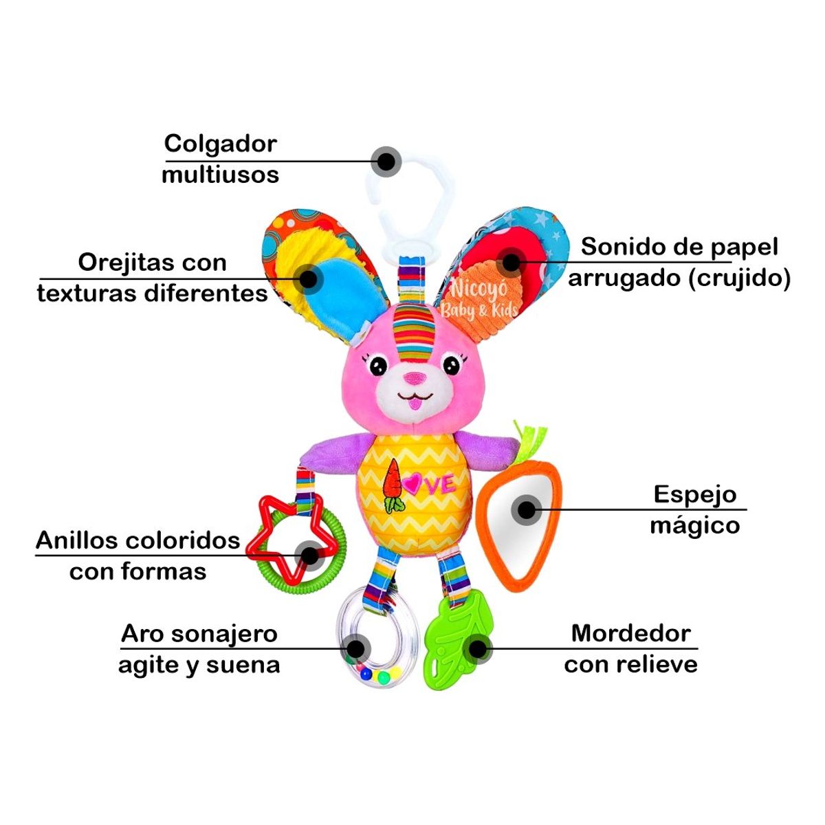 HAPPY BABY - Peluche Sensorial para Bebés CONEJITA con Sonajero y Texturas