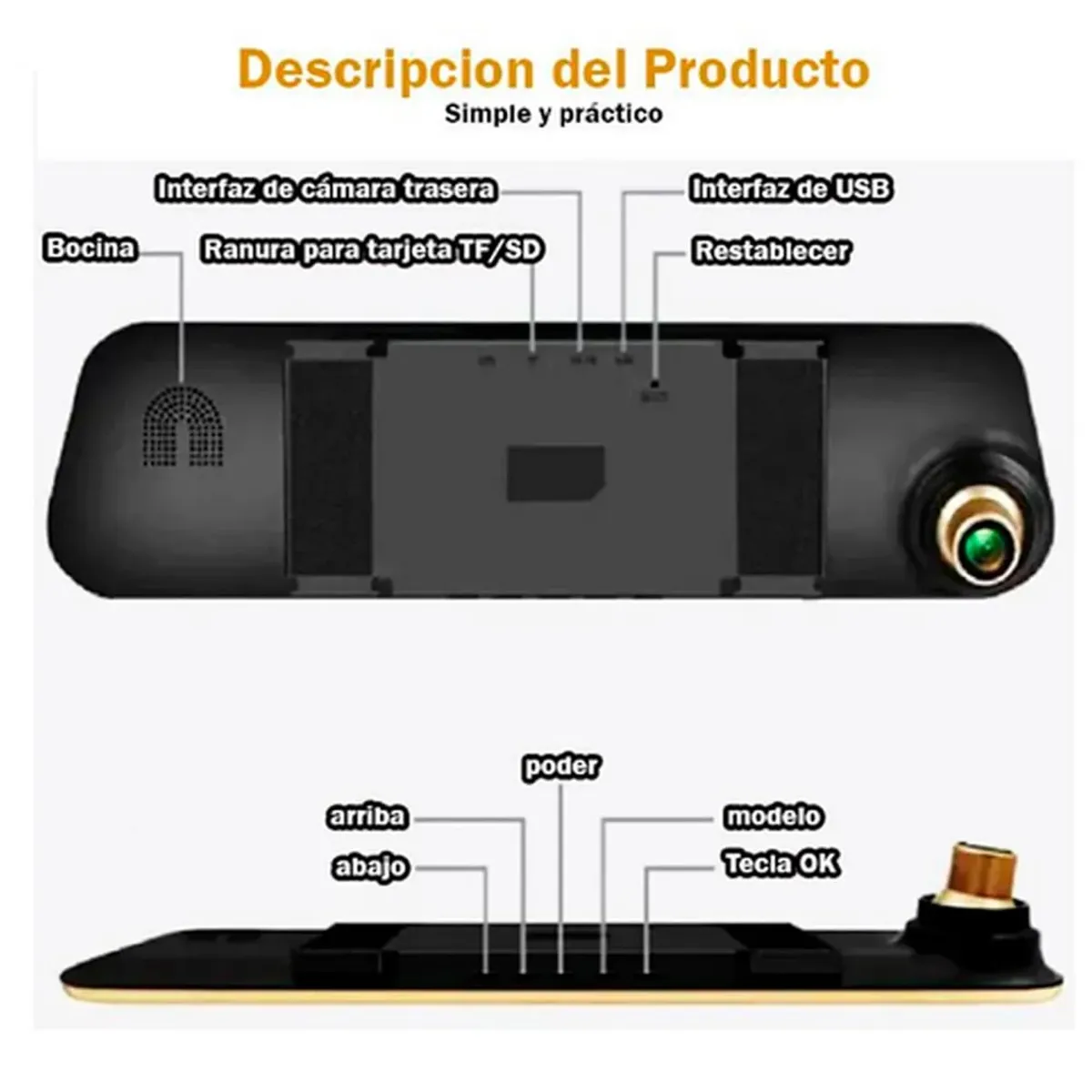 GENERICO - Espejo retrovisor doble camara delantera y trasera 1080p full HD
