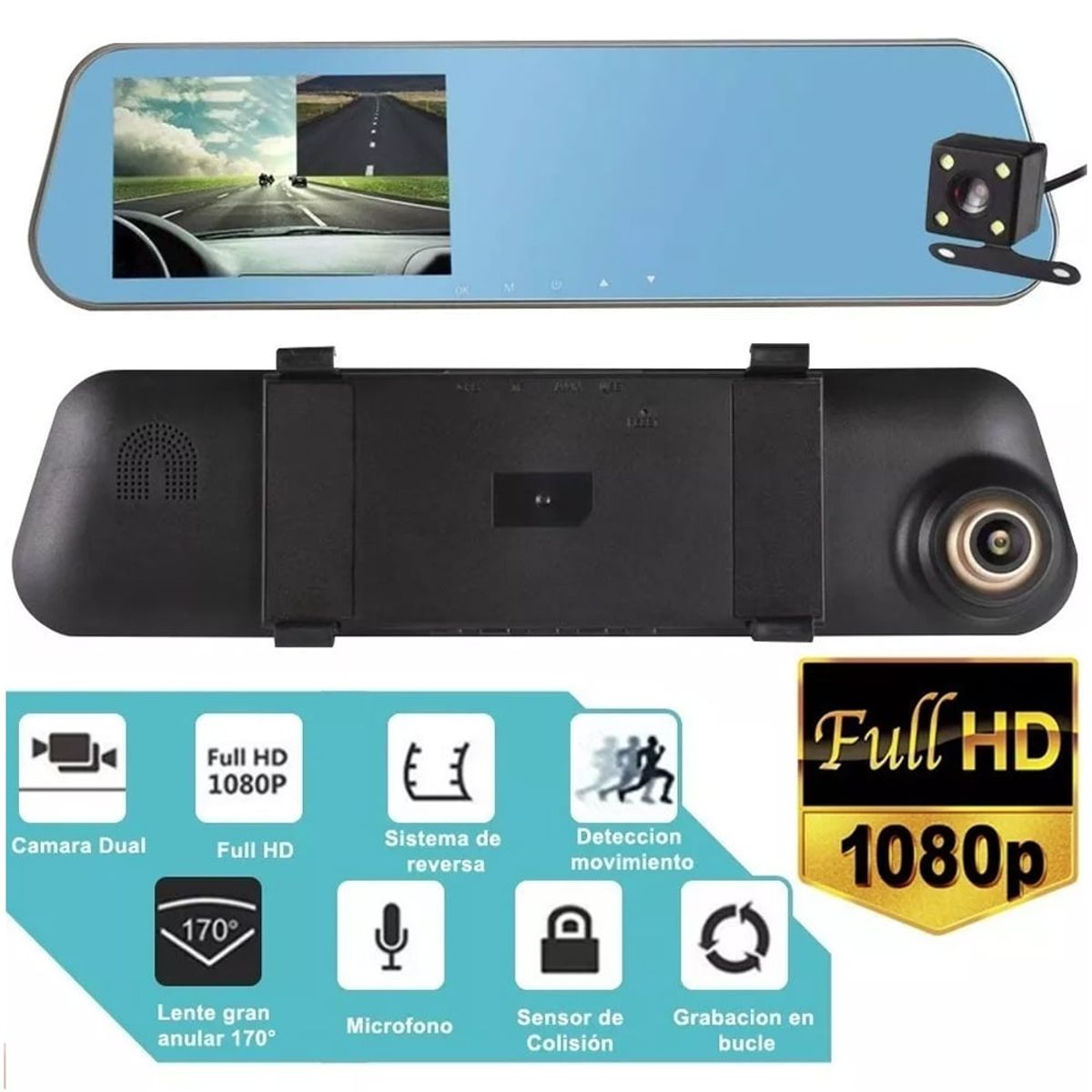 GENERICO - Espejo retrovisor doble camara delantera y trasera 1080p full HD