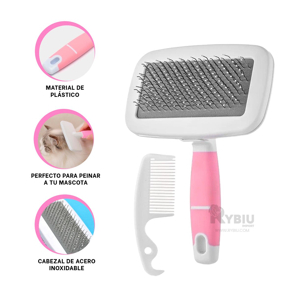 RYBIU IMPORT - Kit Practico con Mini Peine de Gato Rosado Y+Regalo Stickers