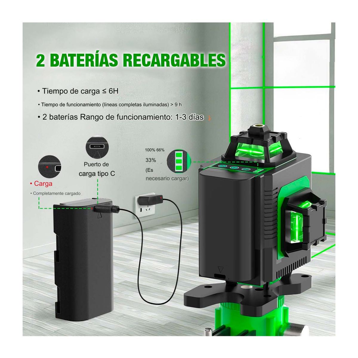 GENERICO - NIVEL LÁSER 3D VERDE 12 LÍNEAS 2 BATERÍAS LENTE MULTIUSO RECARGABLE