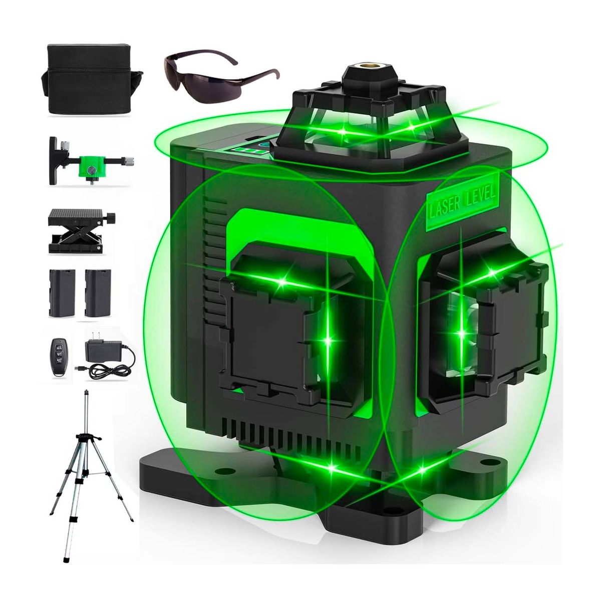 GENERICO - NIVEL LÁSER 3D VERDE 12LÍNEAS LENTE 2BATERÍAS + TRÍPODE
