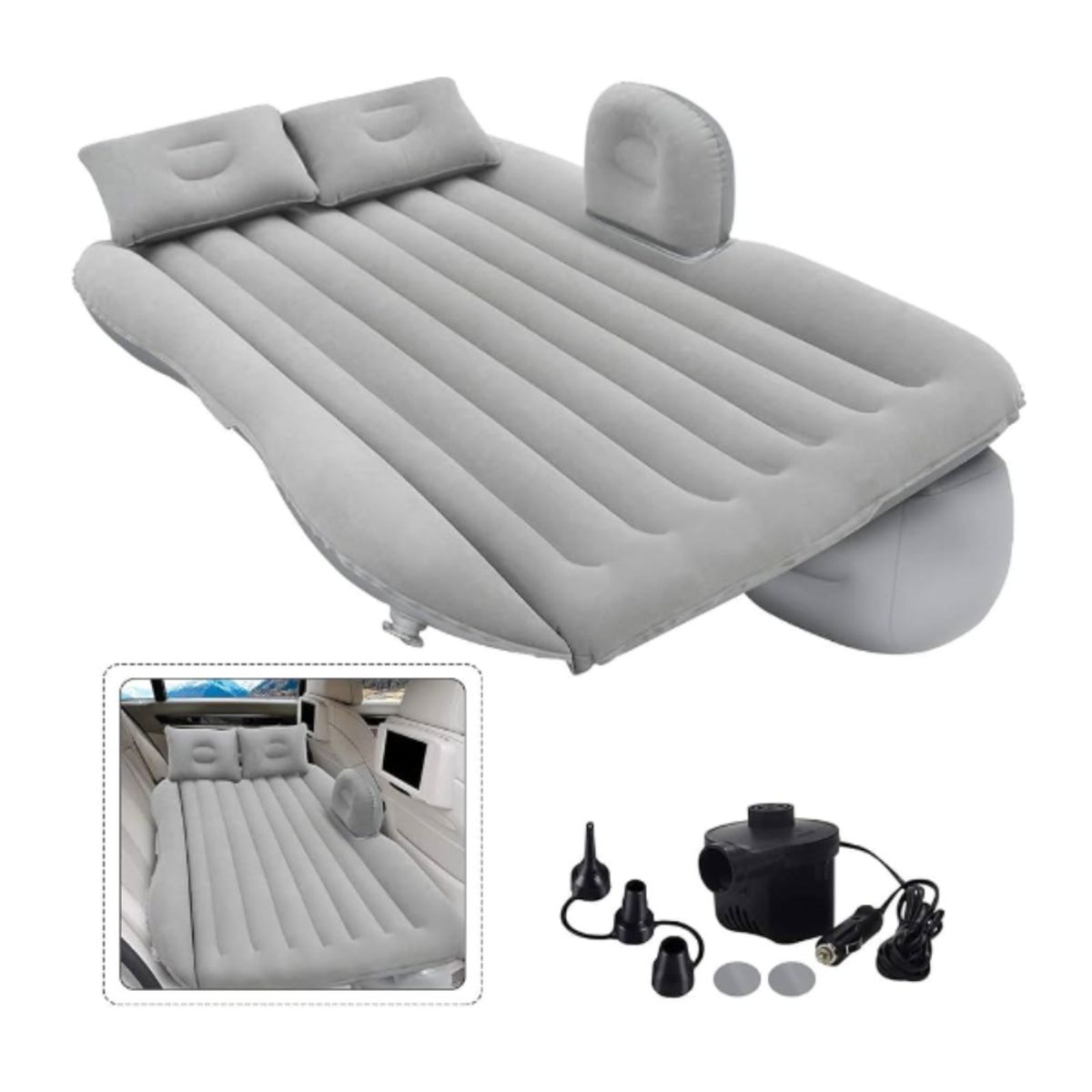 SEISA - Colchon Inflable color Gris para Auto Con 2 Almohadas y Bomba de Aire
