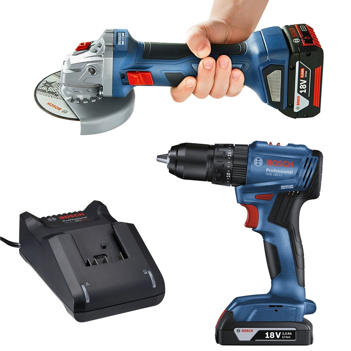 BOSCH - Combo Amoladora inalámbrica GWS 180-LI+Taladro atornillador Percutor GSB 185-LI