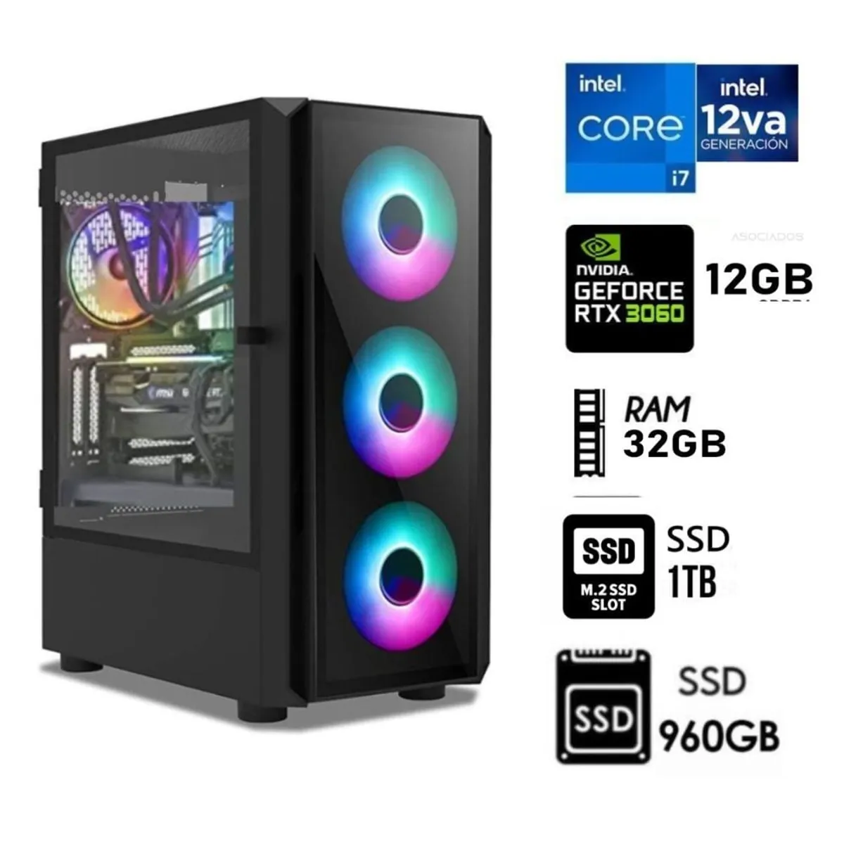 INTEL - Computadora PC Gamer Core i7-12TH Ram 32GB  SSD M2 1TB+SSD 9600GB RTX 3060 12GB