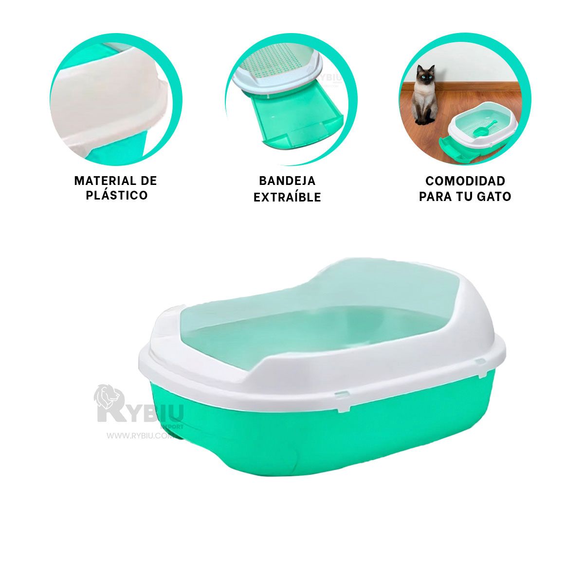 GENERICO - Arenero Ergonomico para Gato con Bandeja en Verde Agua