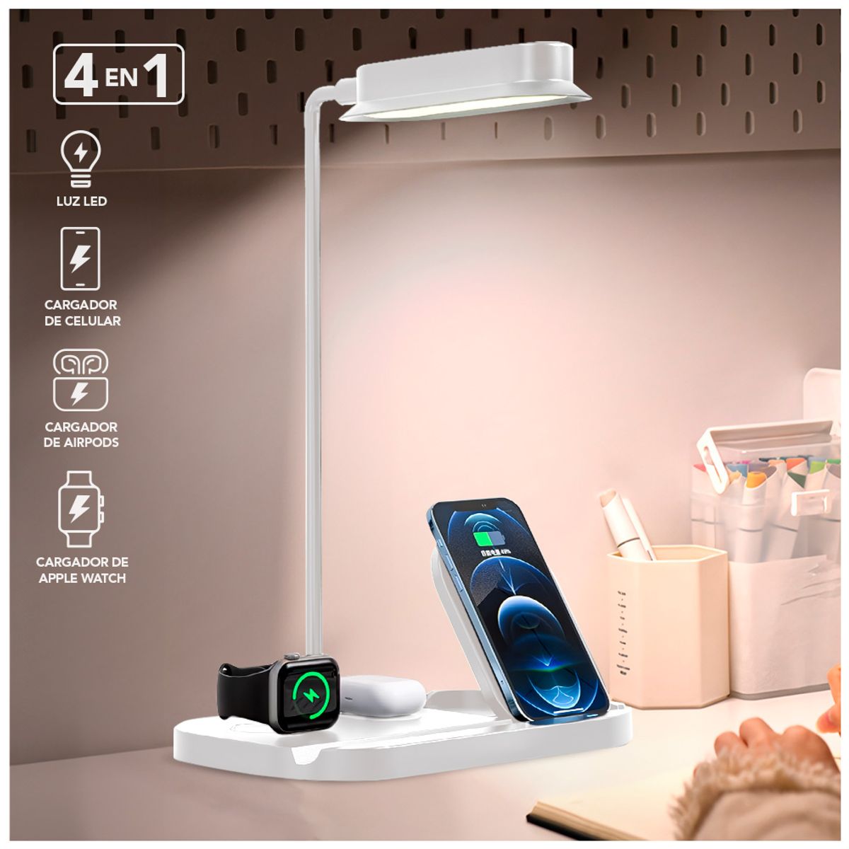 KELLER - Cargador Inalámbrico 4 en 1 con Lámpara LED Flexible Blanco T80