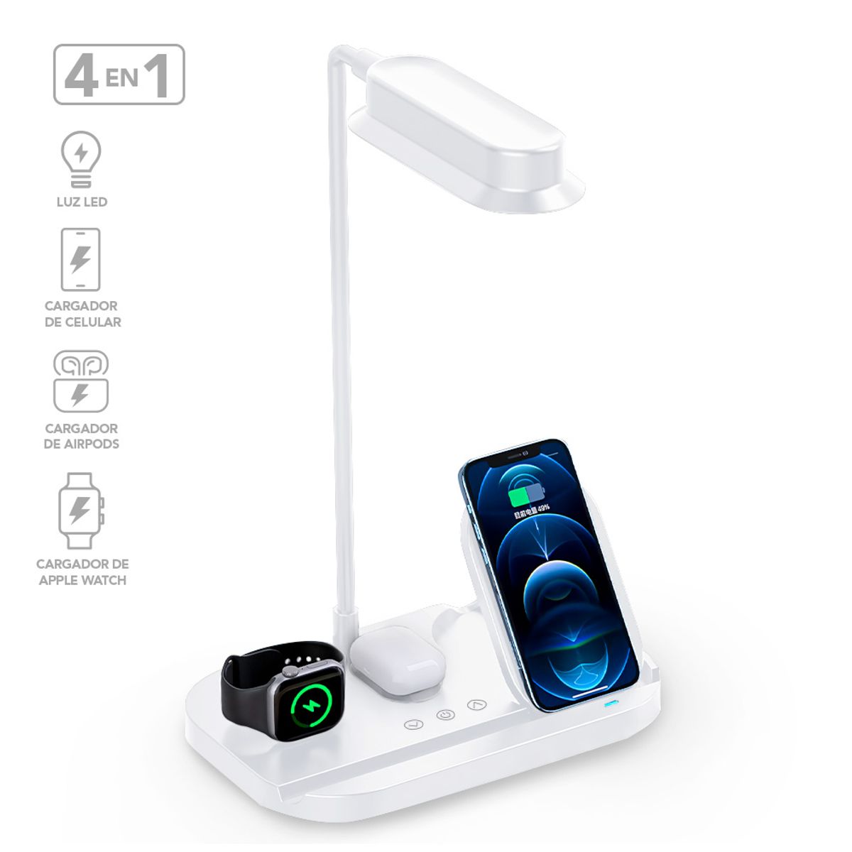KELLER - Cargador Inalámbrico 4 en 1 con Lámpara LED Flexible Blanco T80