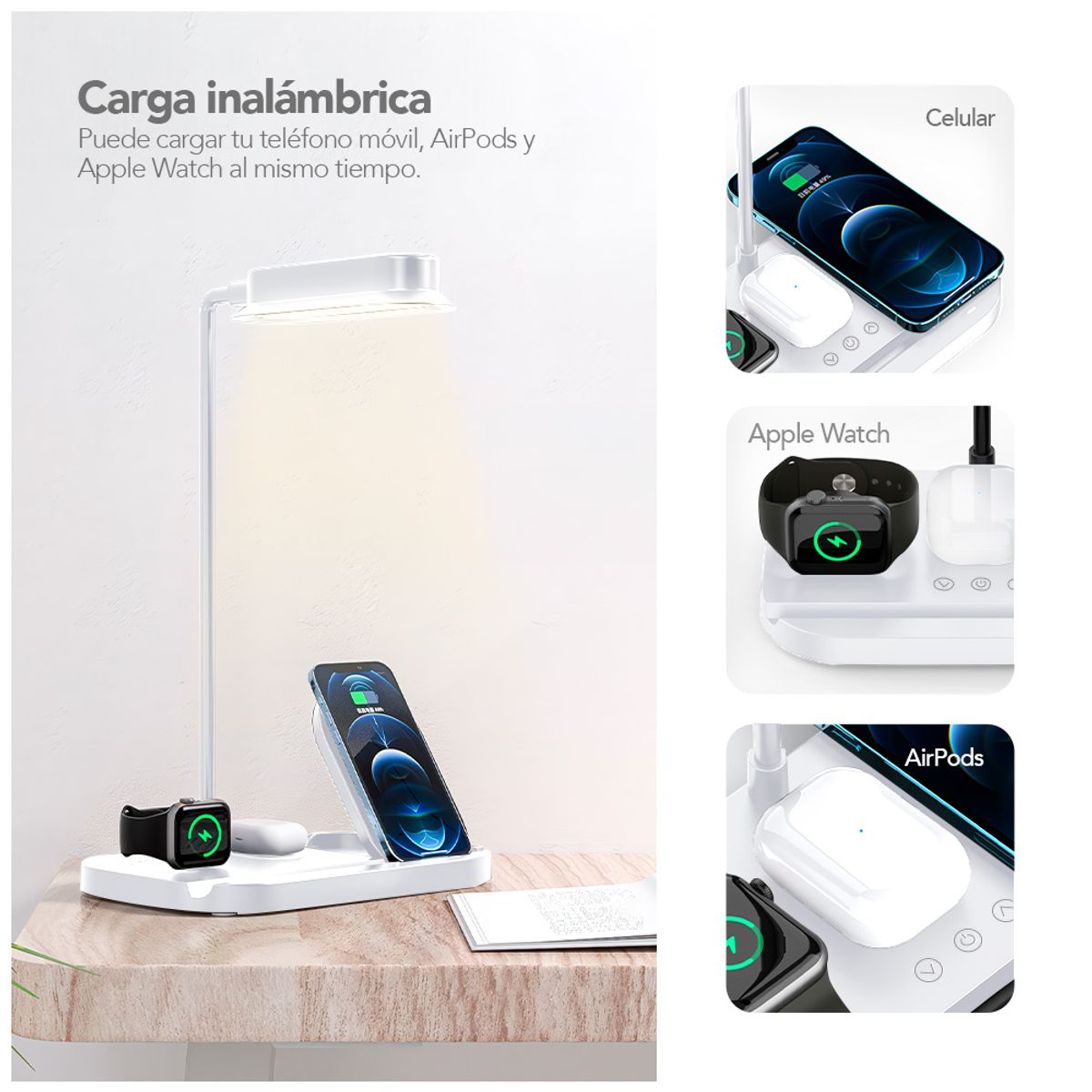 KELLER - Cargador Inalámbrico 4 en 1 con Lámpara LED Flexible Blanco T80