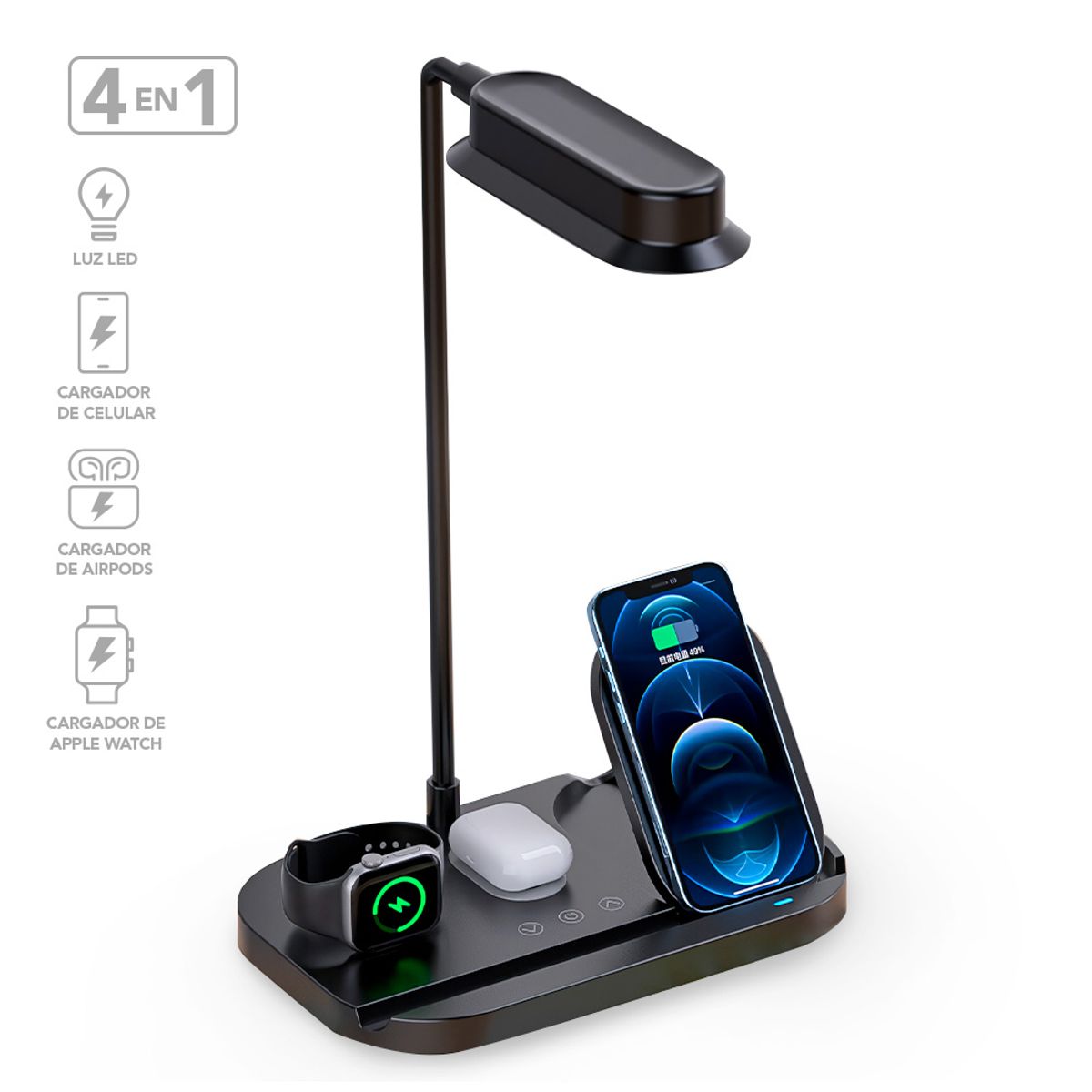 KELLER - Cargador Inalámbrico 4 en 1 con Lámpara LED Flexible Negro T80