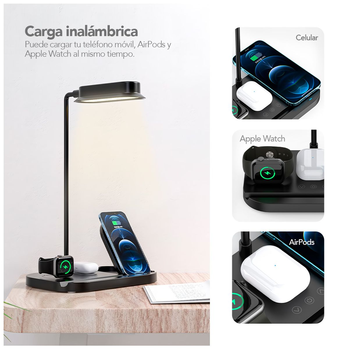 KELLER - Cargador Inalámbrico 4 en 1 con Lámpara LED Flexible Negro T80