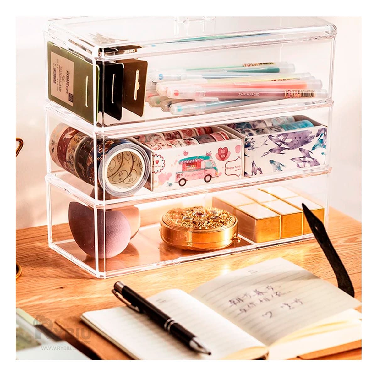 GENERICO - Caja de Maquillaje Moderna de 3 Divisiones Tono Transparente