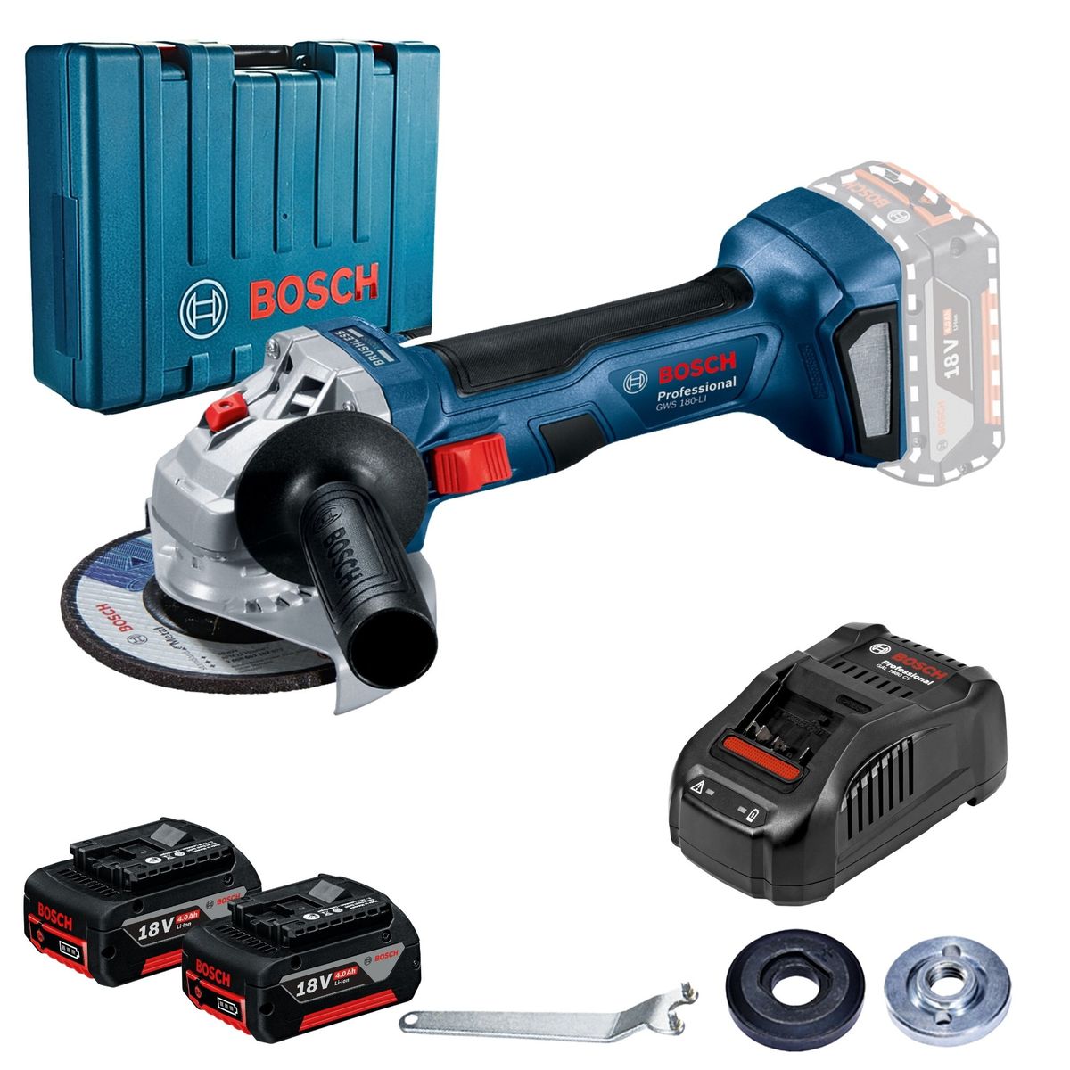 BOSCH - Amoladora inalámbrica 18V profesional GWS 180-LI + 2 baterías +Maletín