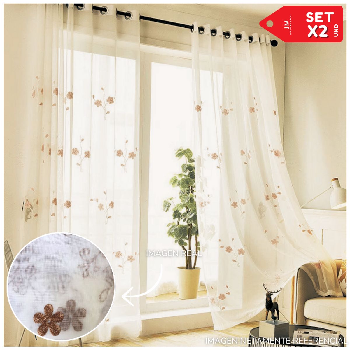 INSPIRA MARKET - Cortina de Voile cortina elegante 140 X 240 cm SET Flores