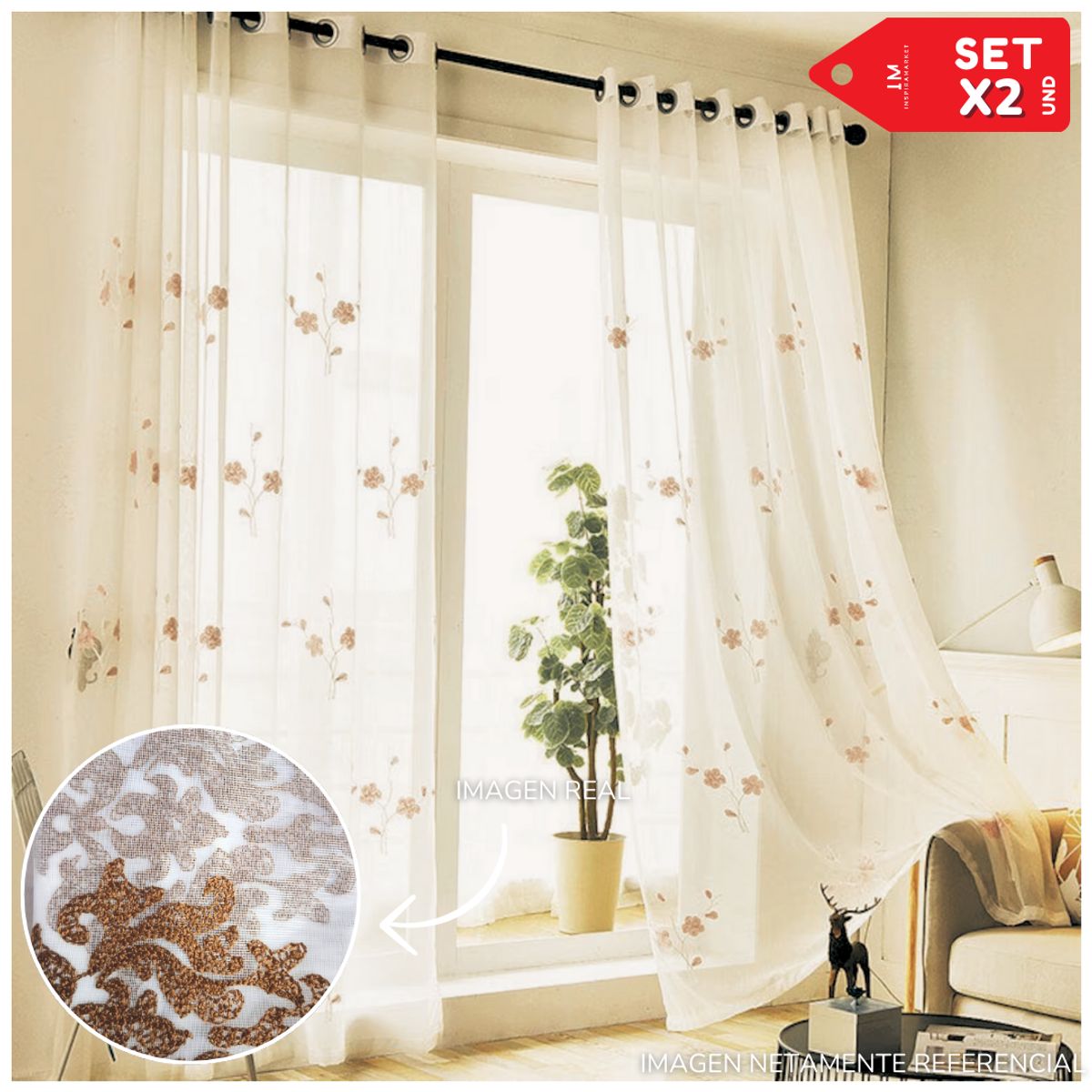 INSPIRA MARKET - Cortina de Voile cortina elegante 140 X 240 cm SET Bordado