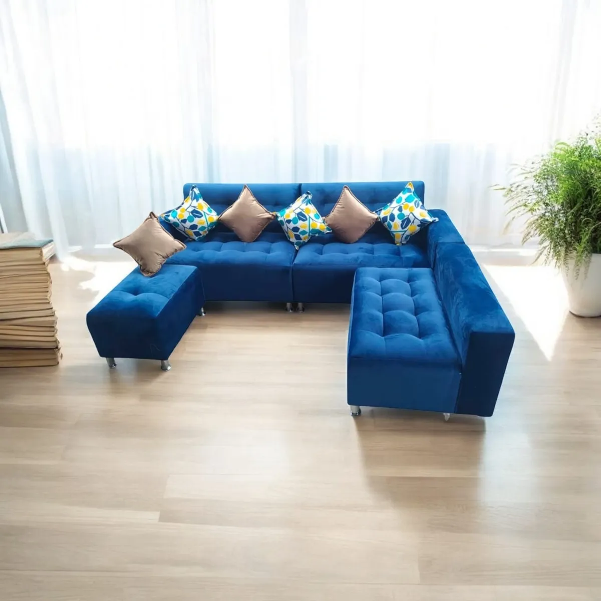 AMOBLART - Seccional Paradisse cobalto 3 Piezas + Banqueta + 4 cojines  -