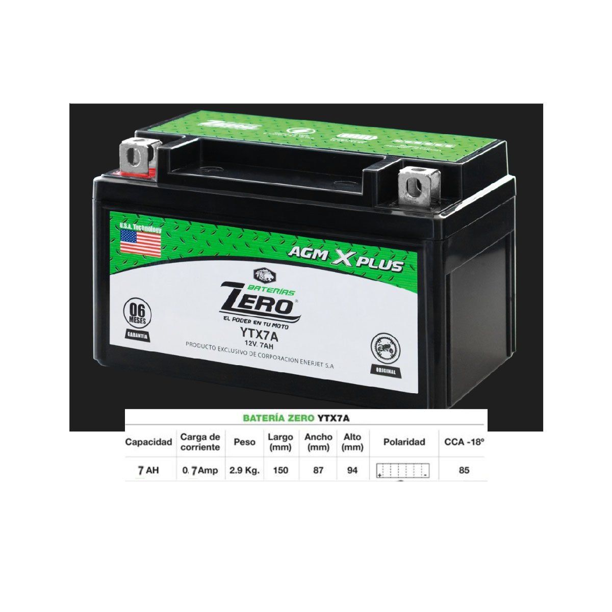 BATERIAS ENERJET - Batería ZERO YTX7A para Moto
