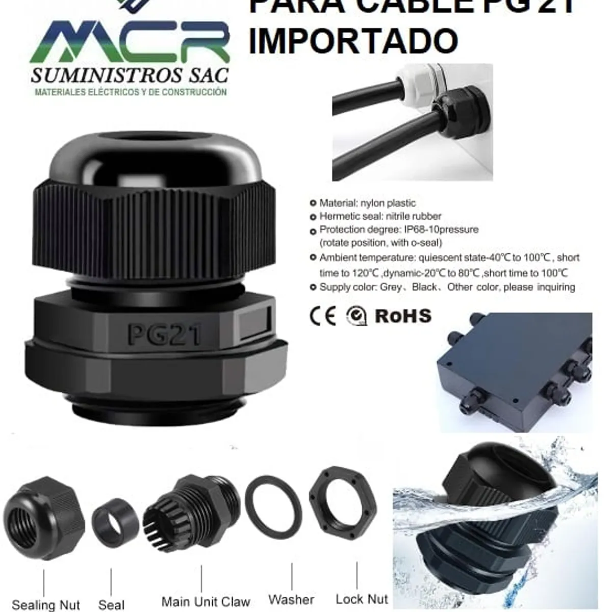 GENERICO - PRENSA ESTOPA PARA CABLE PG21 DIAMETRO DE 13-18MM PVC IMPORTADO NEGRO