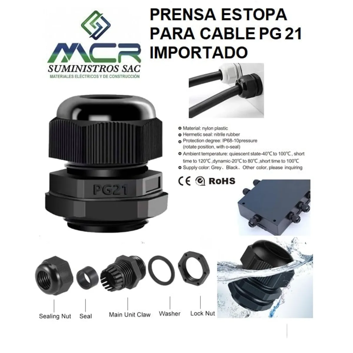 GENERICO - PRENSA ESTOPA PARA CABLE PG21 DIAMETRO DE 13-18MM PVC IMPORTADO NEGRO