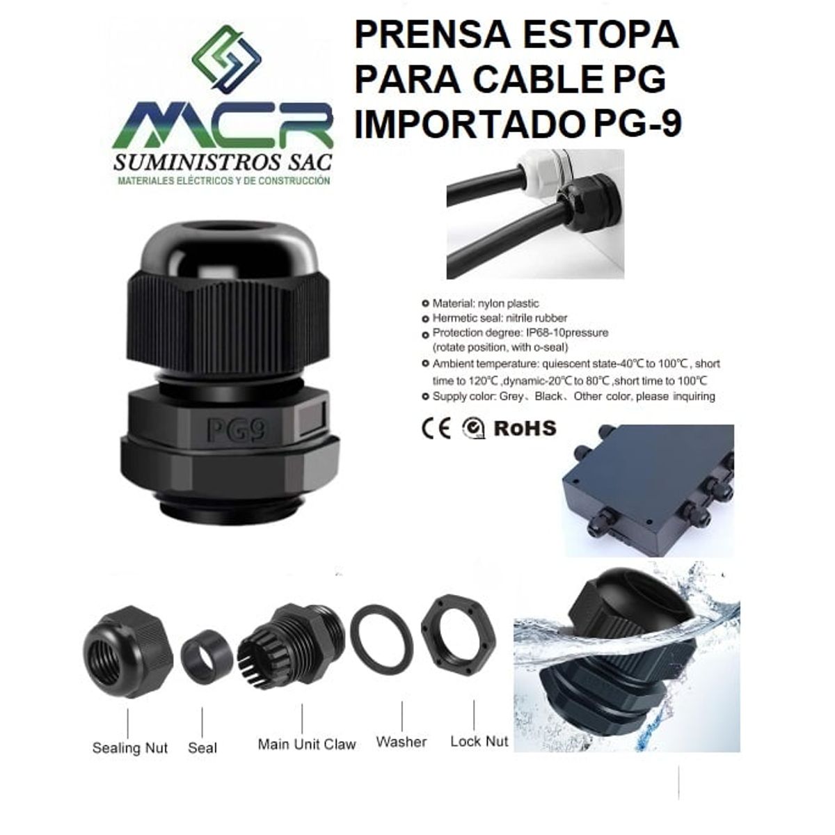 GENERICO - PRENSA ESTOPA PARA CABLE PG 9 DIAMETRO DE 4-8MM PVC IMPORTADO NEGRO