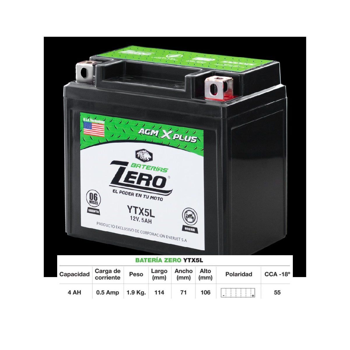 BATERIAS ENERJET - Batería ZERO YTX5L para Moto