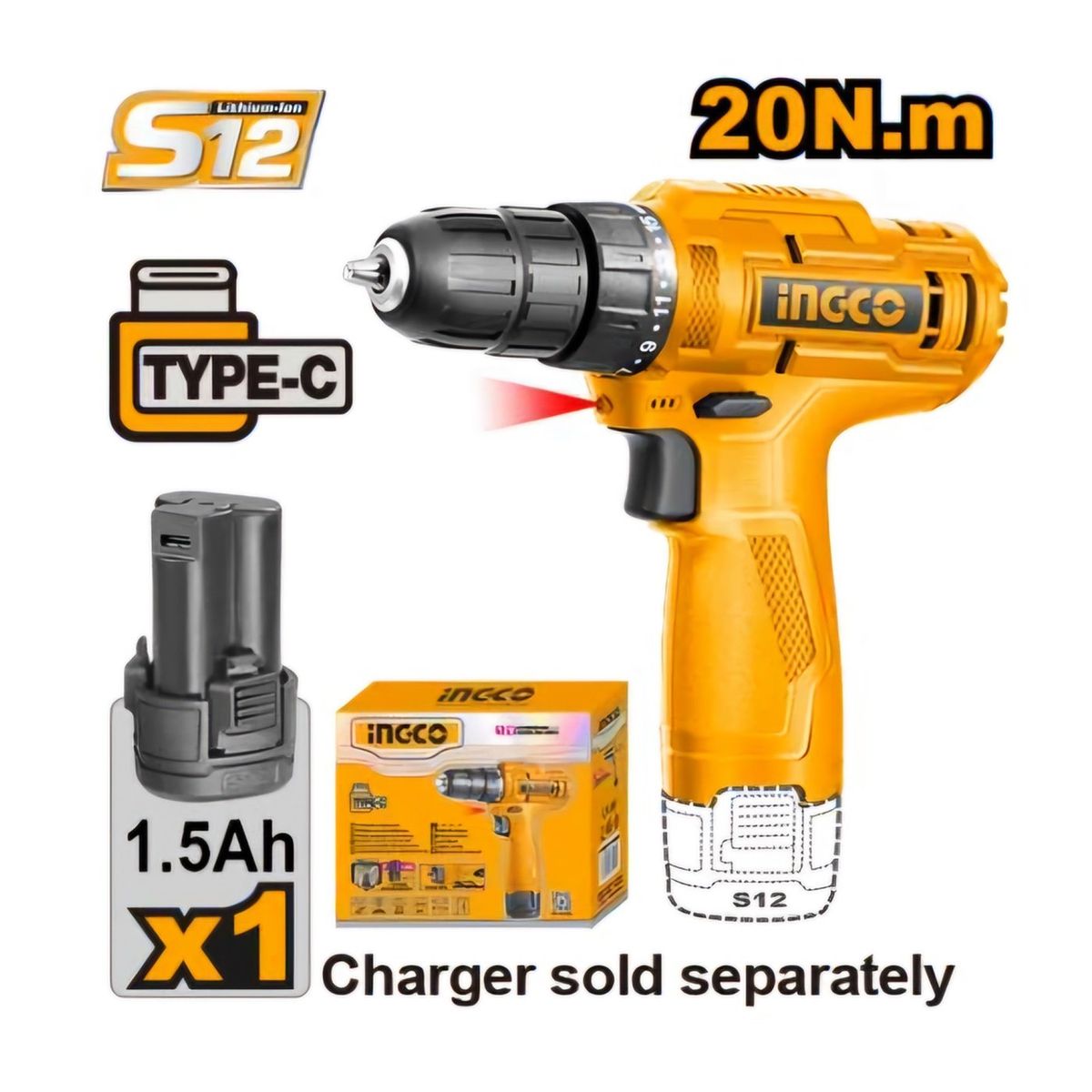 INGCO TOOLS - Taladro Atornillador 12V Tipo C + Batería INGCO CDLI12428