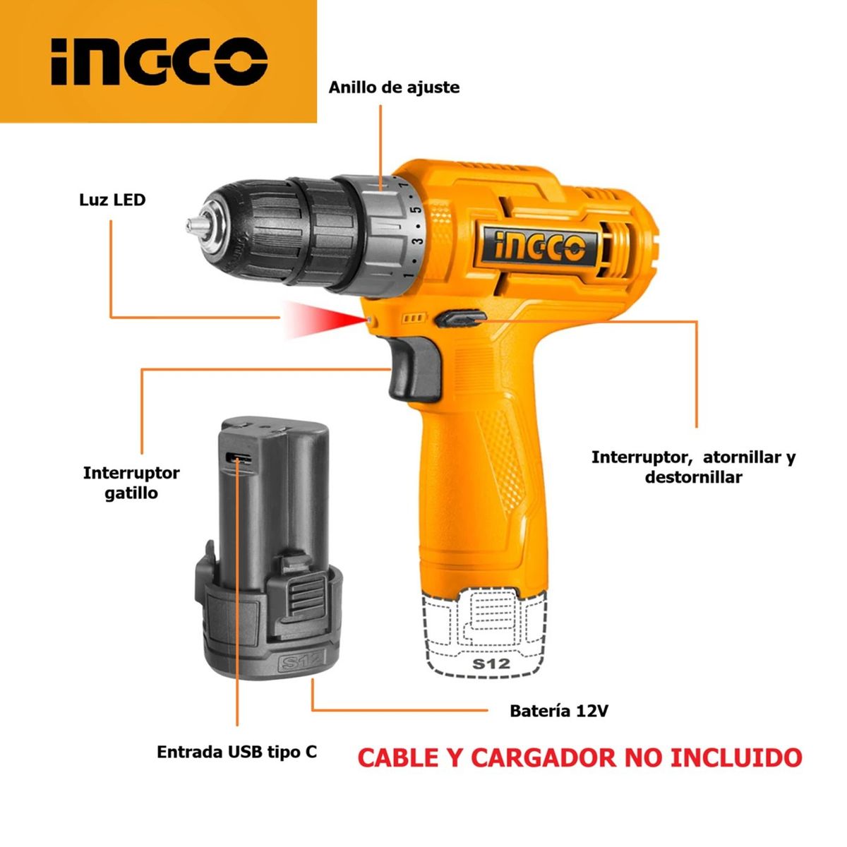 INGCO TOOLS - Taladro Atornillador 12V Tipo C + Batería INGCO CDLI12428