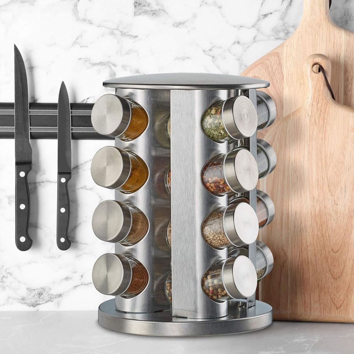 GENERICO - CONDIMENTERO ESPECIERO ESTANTE GIRATORIO 16 FRASCOS ACERO INOXIDABLE