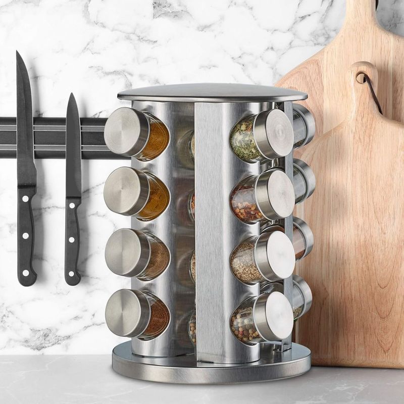 GENERICO - CONDIMENTERO ESPECIERO ESTANTE GIRATORIO 16 FRASCOS ACERO INOXIDABLE