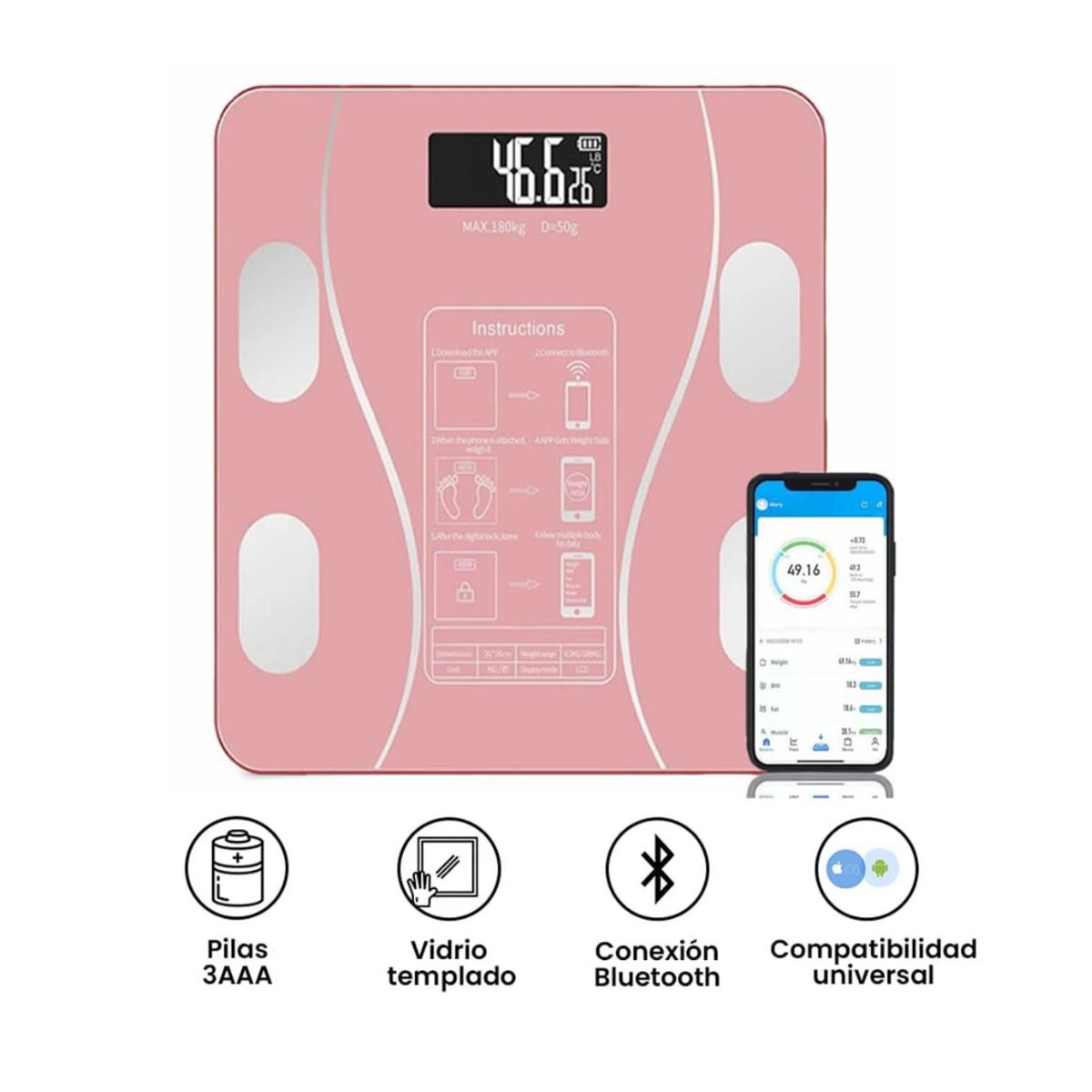OEM - Balanza Digital Bluetooh 180 Kg vidrio templado Rosado