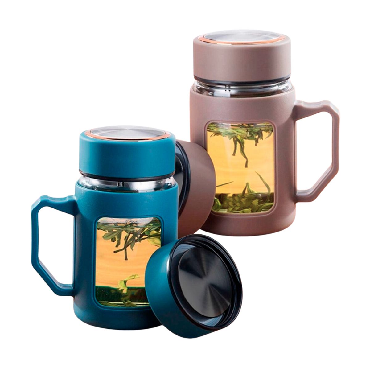INSPIRA - Set de 2 Tazas de Vidrio con Tapa Rosca y Asa Doble Capa 500 ml
