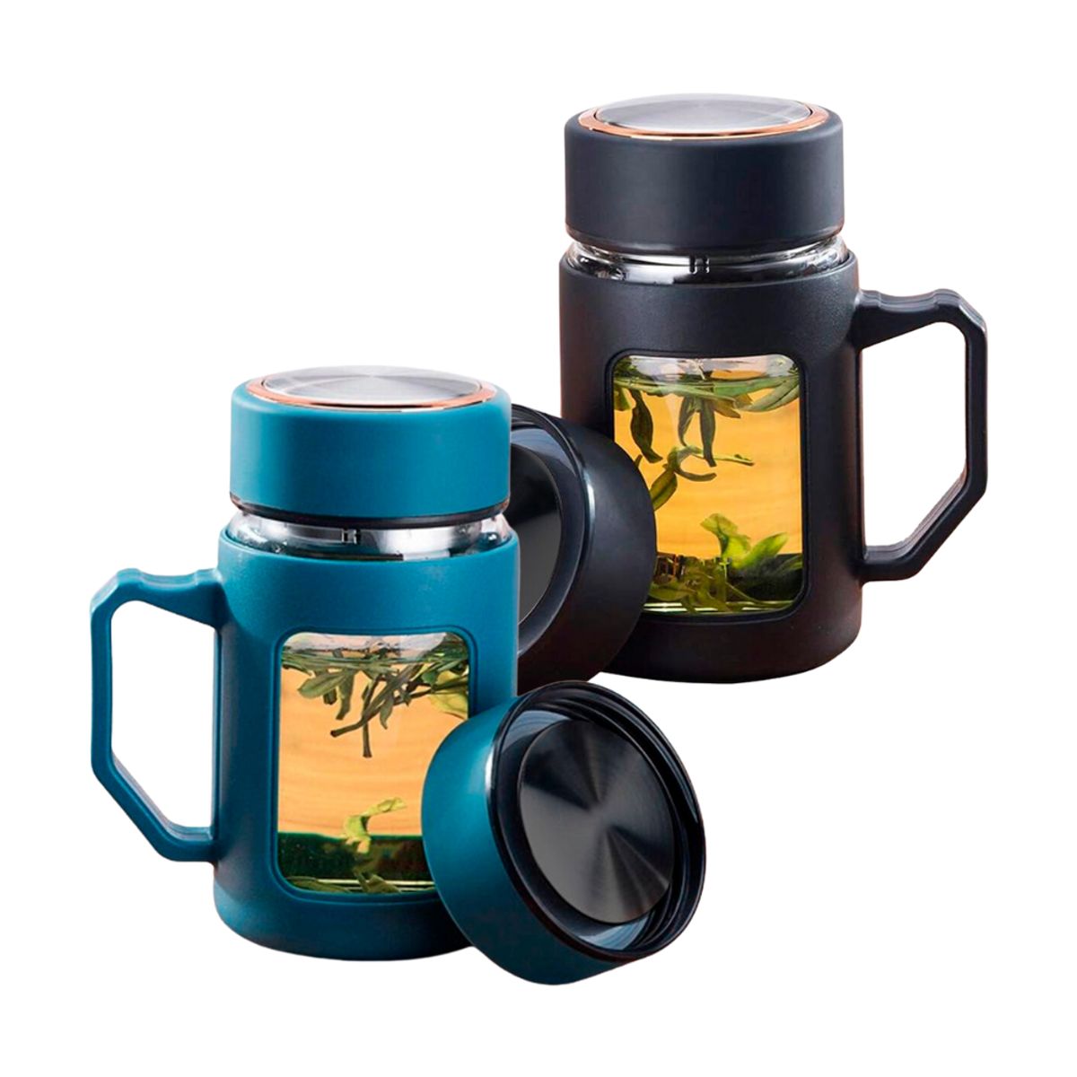INSPIRA - Set de 2 Tazas de Vidrio con Tapa Rosca y Asa Doble Capa 500 ml