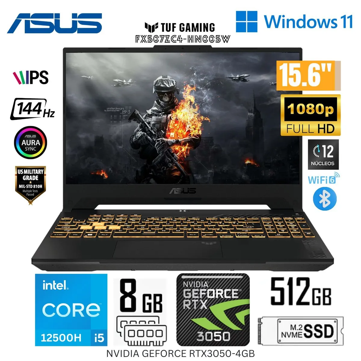 ASUS - Laptop Asus Tuf Gaming FX507ZC4-HN005W Intel Corei5-12500H RAM 8GB SSD 512GB 15.6"  FHD RTX3050-4GB